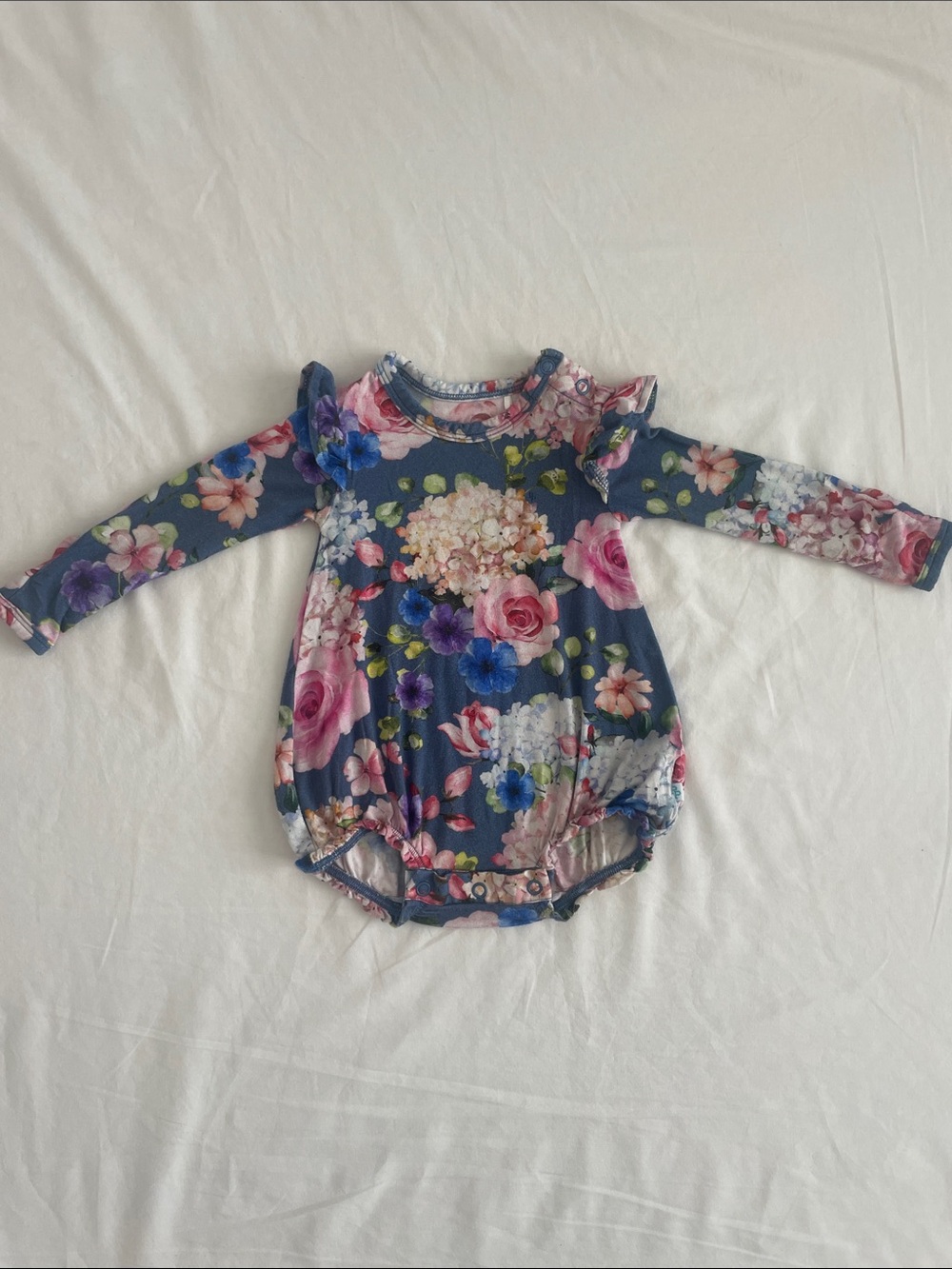 Posh Peanut Blue Floral Long Sleeve Ruffle Romper w/ Blooms 0-3M (VGUC)
